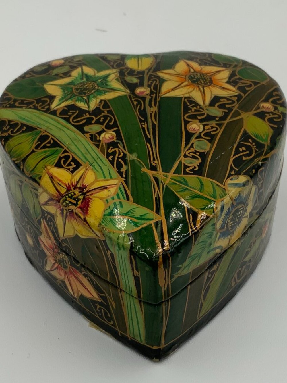 Handmade in Kashmir Paper Mache Black Heart, Yellow & Green Florals Trinket Box